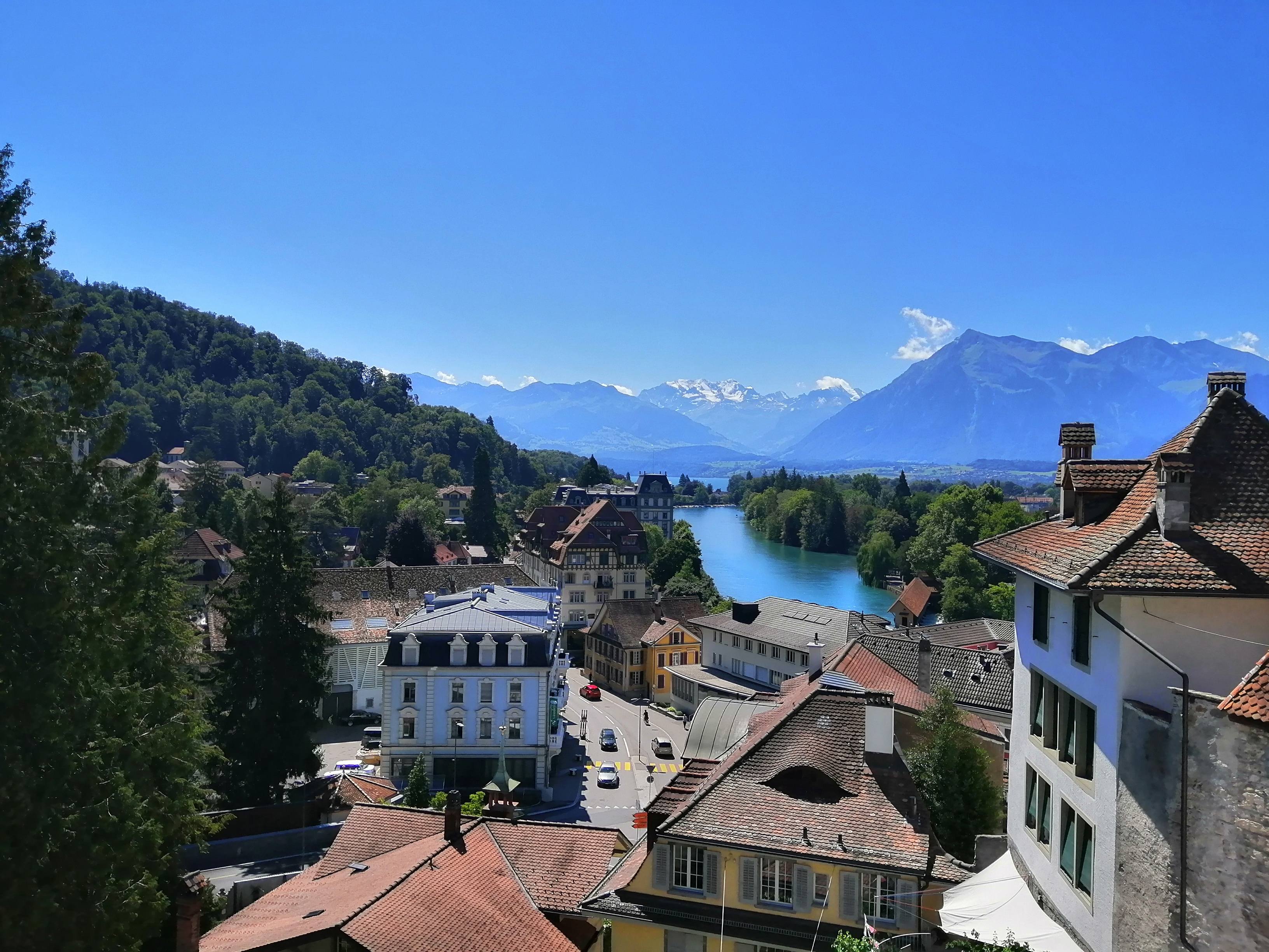Panoramic view of Interlaken nestled between lakes and Swiss mountains